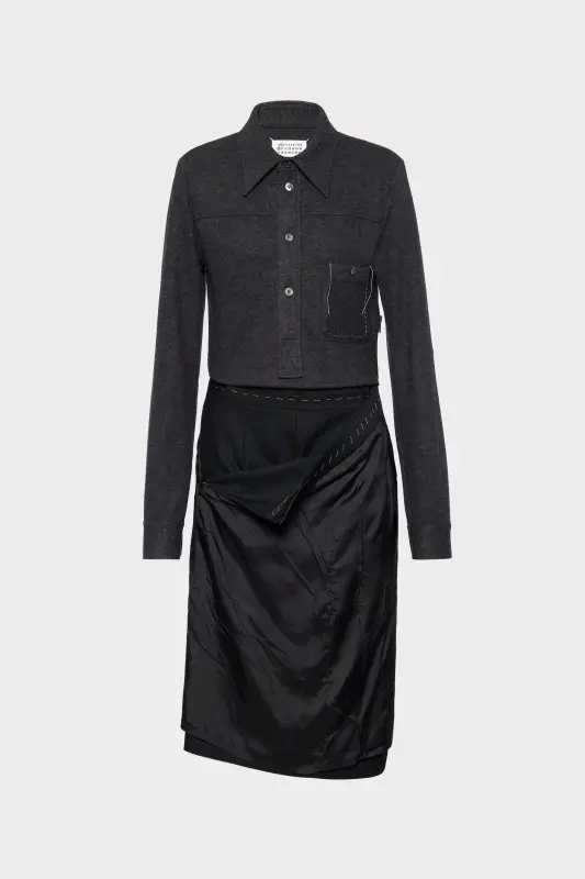 Maison Margiela Womens Black Wool Long-Sleeved Dress Melange carbon and black online